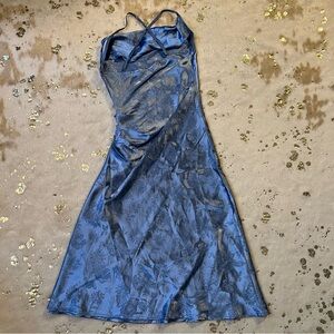 SHEIN M/6 Blue Floral Jacquard Spaghetti Strap Summer Dress Draped Front